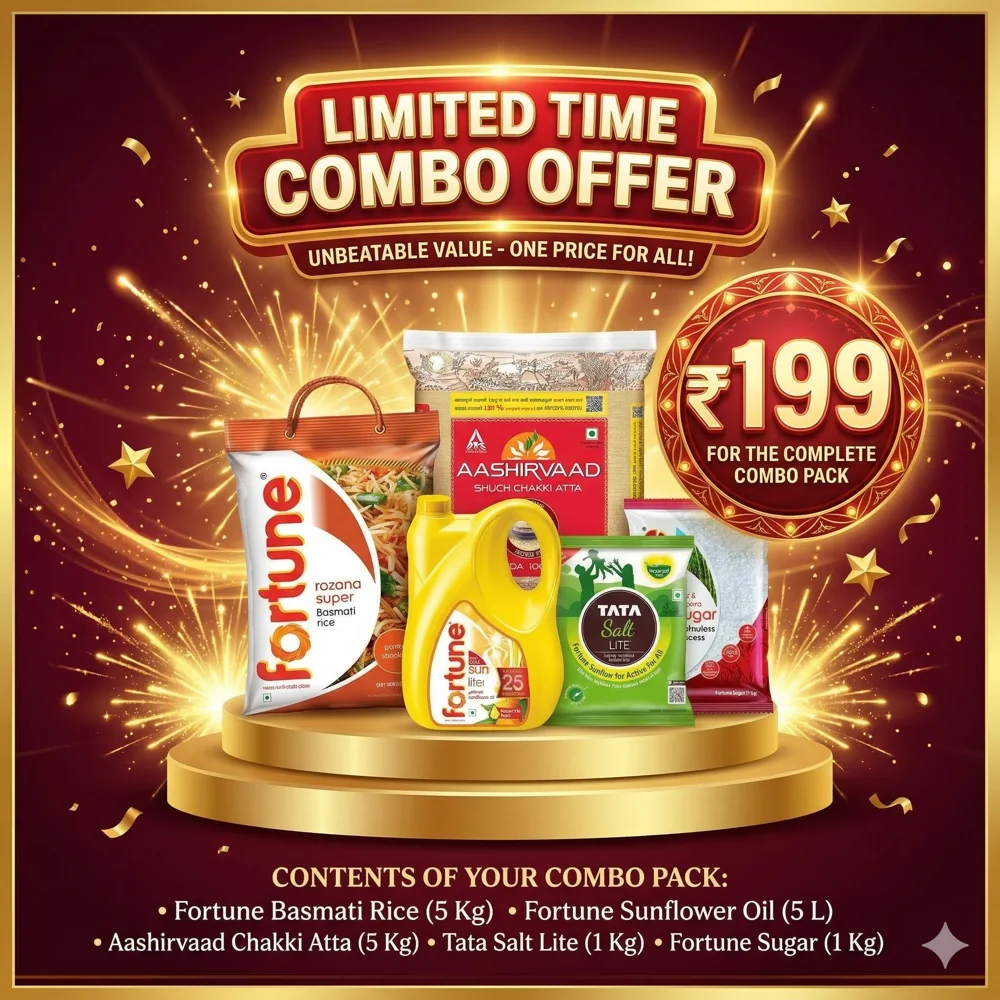 Limited Time Grocery Combo – Rice 5KG, Atta 5KG, Oil 5L, Salt 1KG & Sugar 1KG