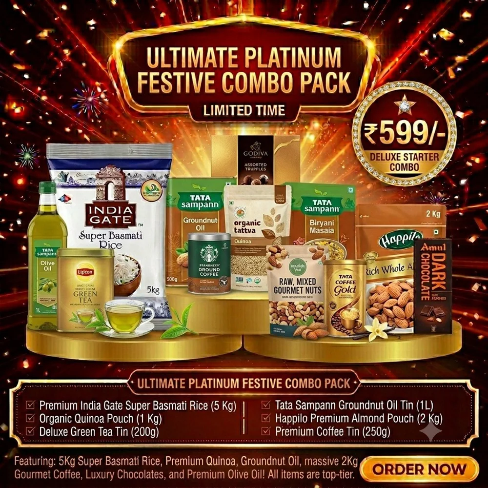 Ultimate Platinum Festive Combo Pack- 5kg Premium India Gate Super Basmati Rice, 1kg Organic Quinoa, 200g Deluxe Green Tea, 1L Tata Sampann Groundnut Oil, 2kg Happilo Premium Almonds, and 250g Premium Coffee