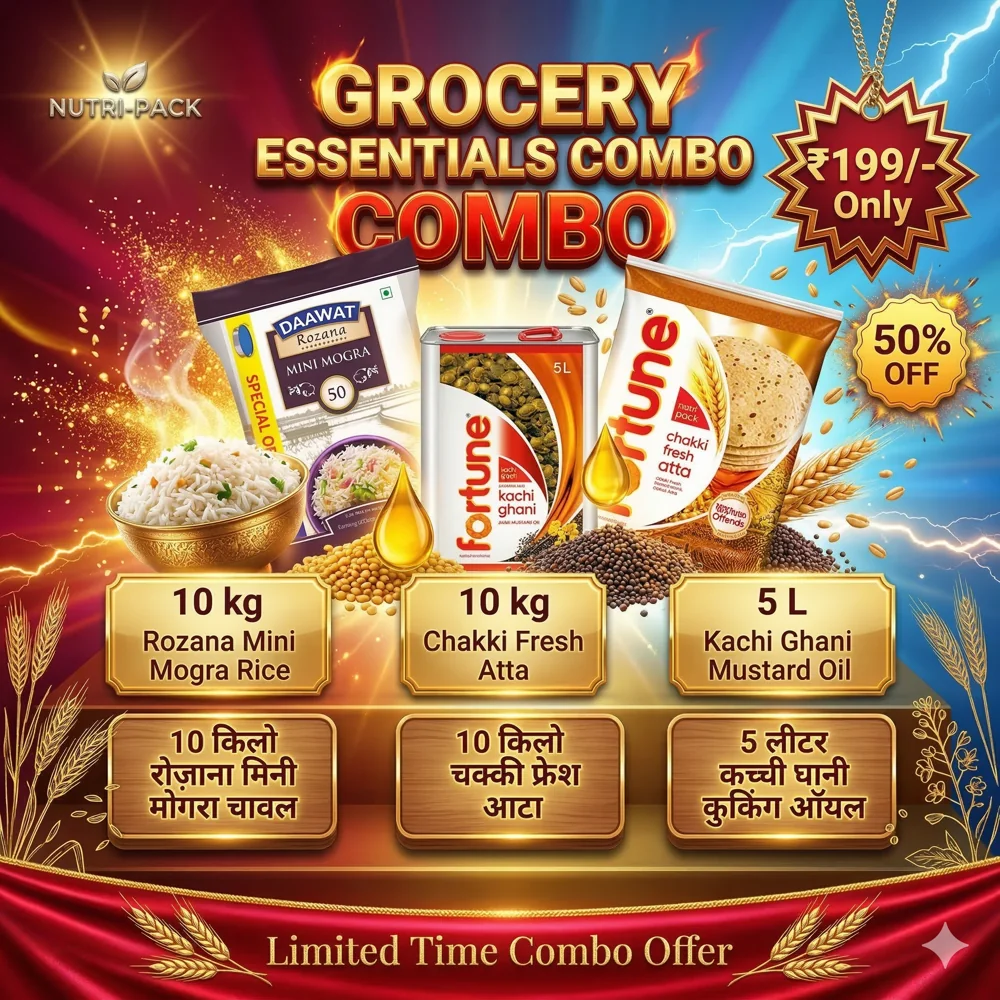Grocery Essentials Combo – 10KG Rice, 10KG Atta & 5L Kachi Ghani Mustard Oil