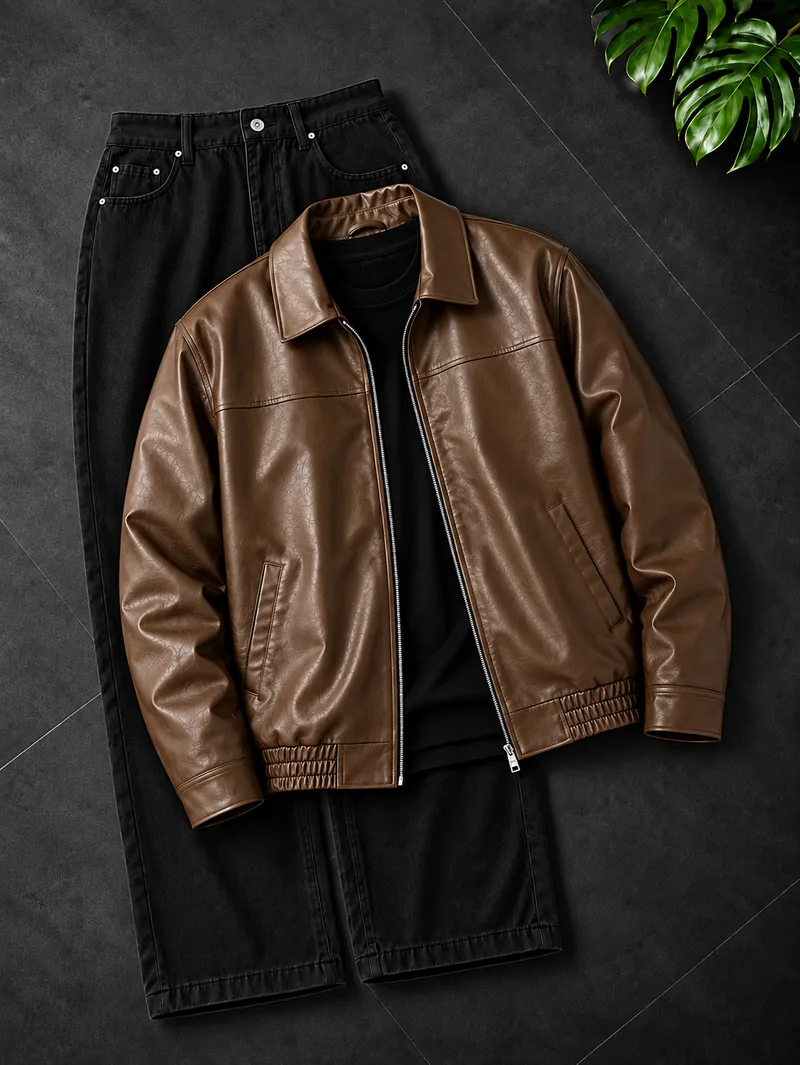 Brown Leather Zip Jacket Combo