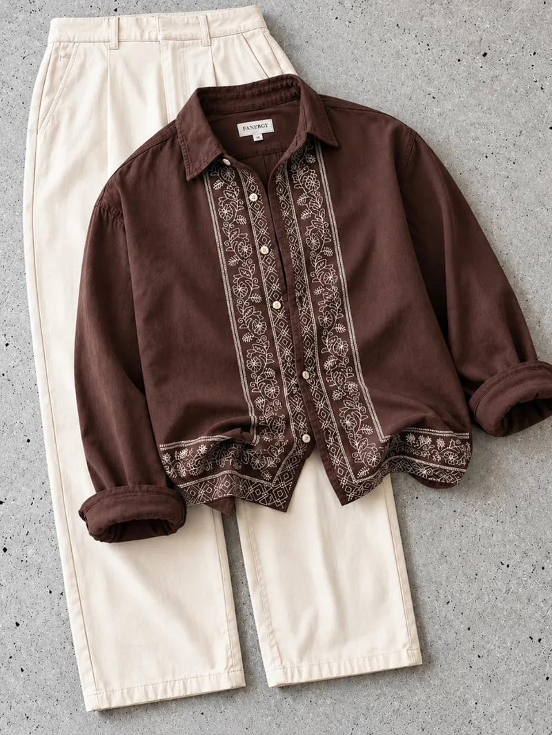Brown Floral Embroidery Shirt