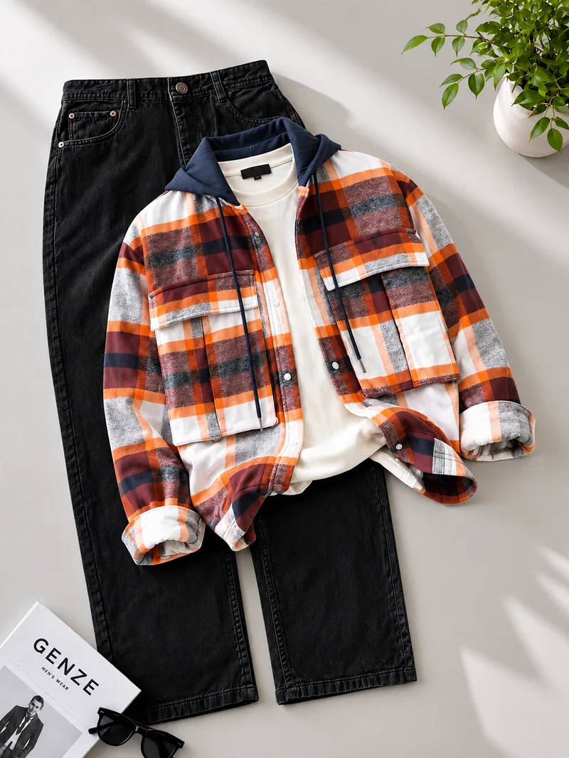Orange Hooded Plaid Shacket